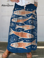 Women's Vintage Lovely Fish Art Print Casual Linen Pocket Skirt