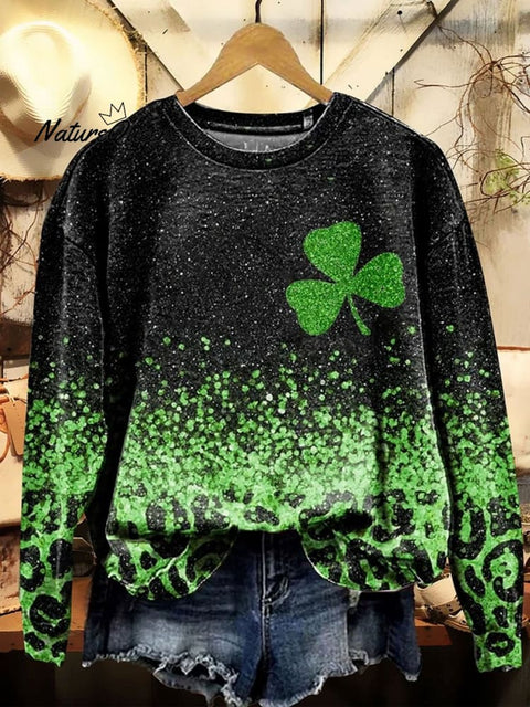 St. Patrick'S Day Retro  Gradient Lucky Clover Print Casual  Sweatshirt