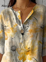 Watercolor Summer Floral Pattern Printed Women's Casual Cotton Linen Shirt