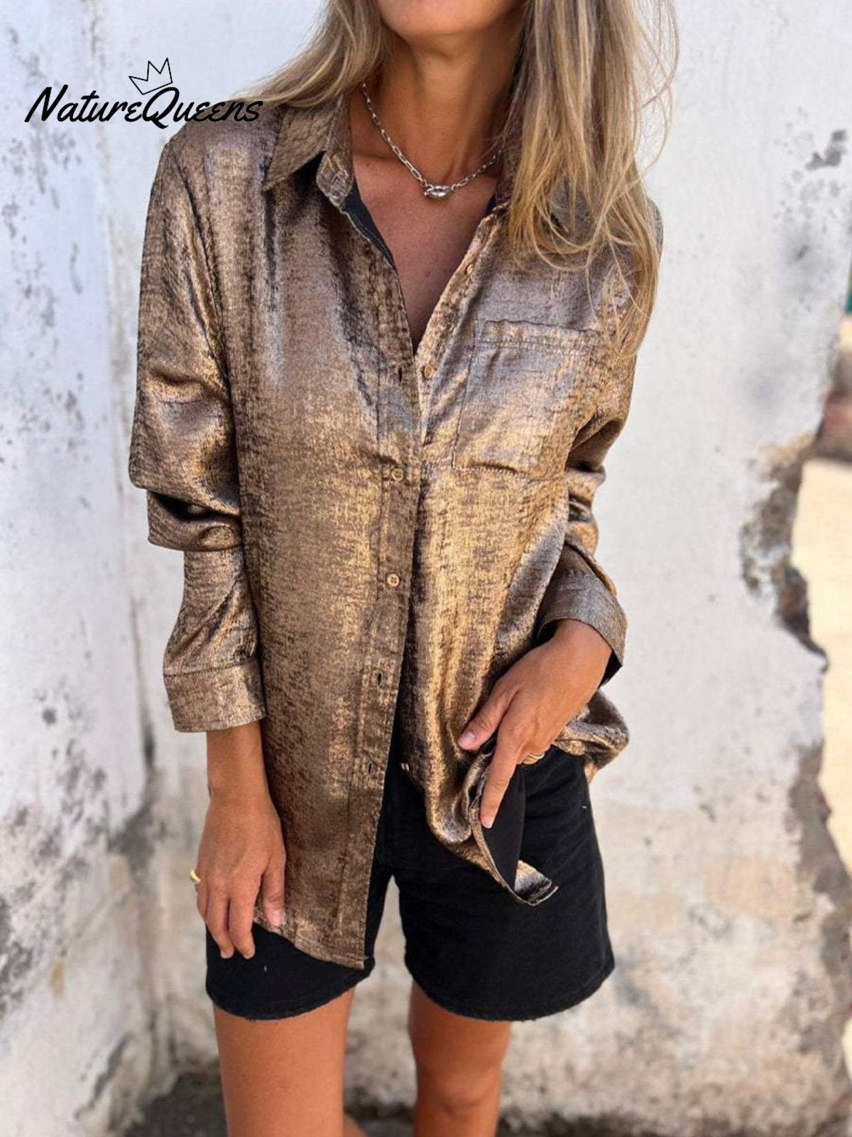 Casual Suede Lapel Neck Button Down Shirt Gold / S