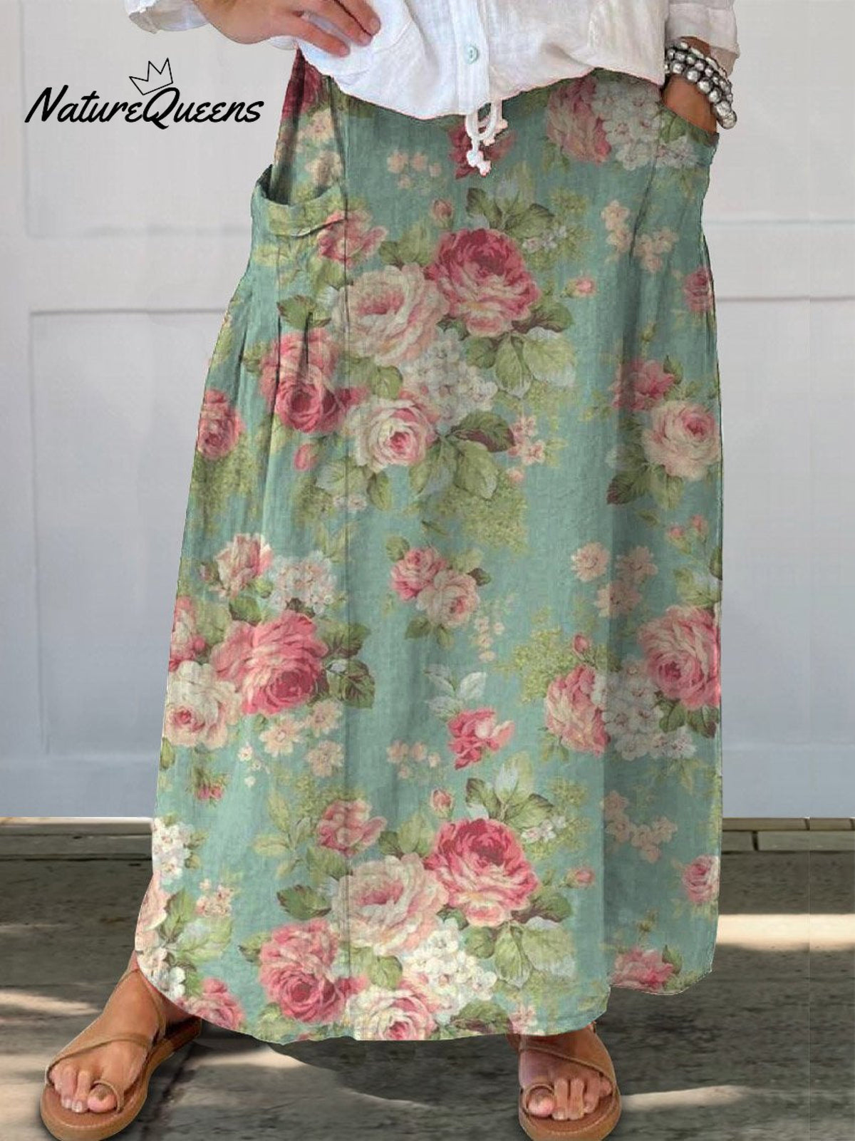 Women’s Retro Floral Art Print Linen Pocket Skirt Multicolor / S