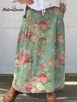 Women’s Retro Floral Art Print Linen Pocket Skirt Multicolor / S