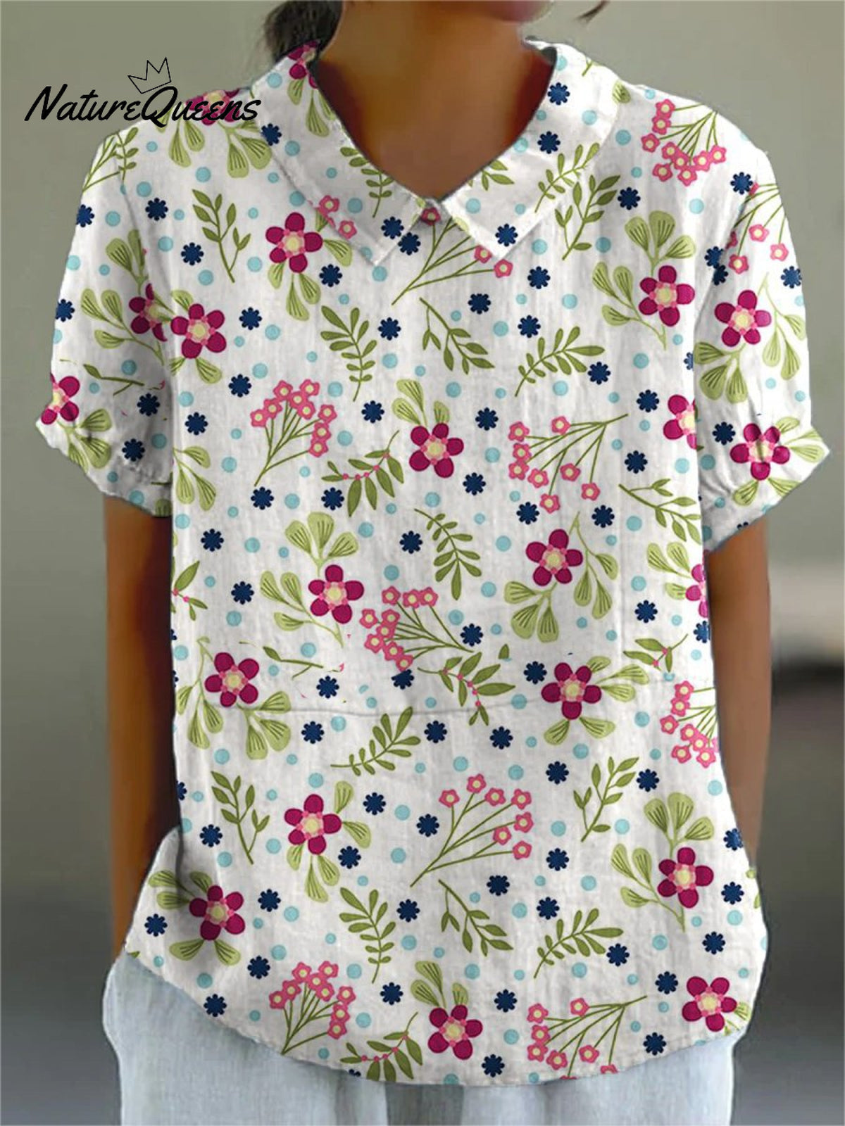 Women's Flower Art Print Casual Cotton And Linen Shirt
