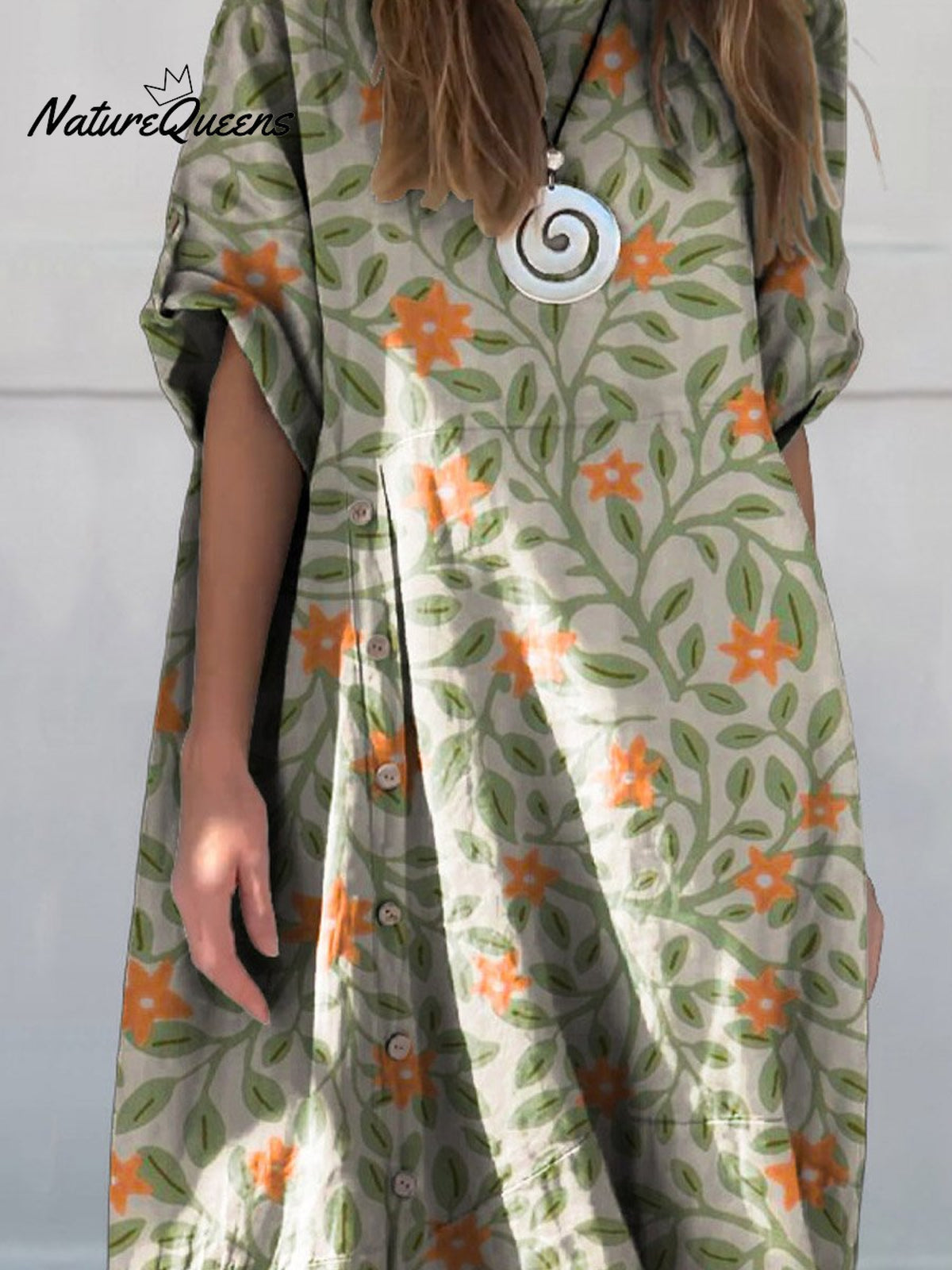 Women’s Lovely Floral Art Print Linen Cotton Buttons Dress