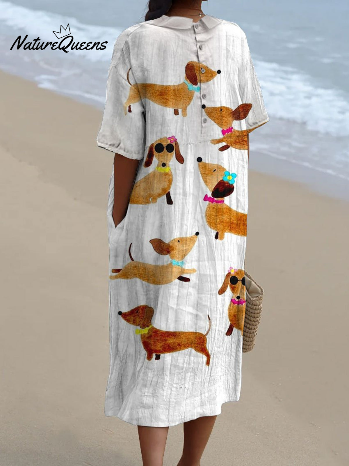 Women's Cute Dachshund Print V Neck Vintage Linen Loose Dress