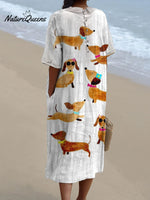 Women's Cute Dachshund Print V Neck Vintage Linen Loose Dress