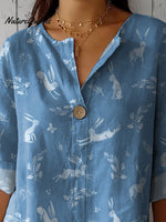 Spring Woodland Rabbit Repeat Pattern Printed Women's Casual Cotton Linen Shirt
