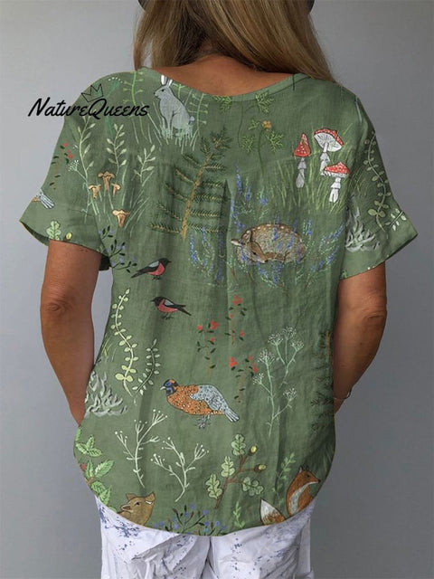Woodland And Animals Pattern Printed Women’s Casual Cotton Linen Shirt