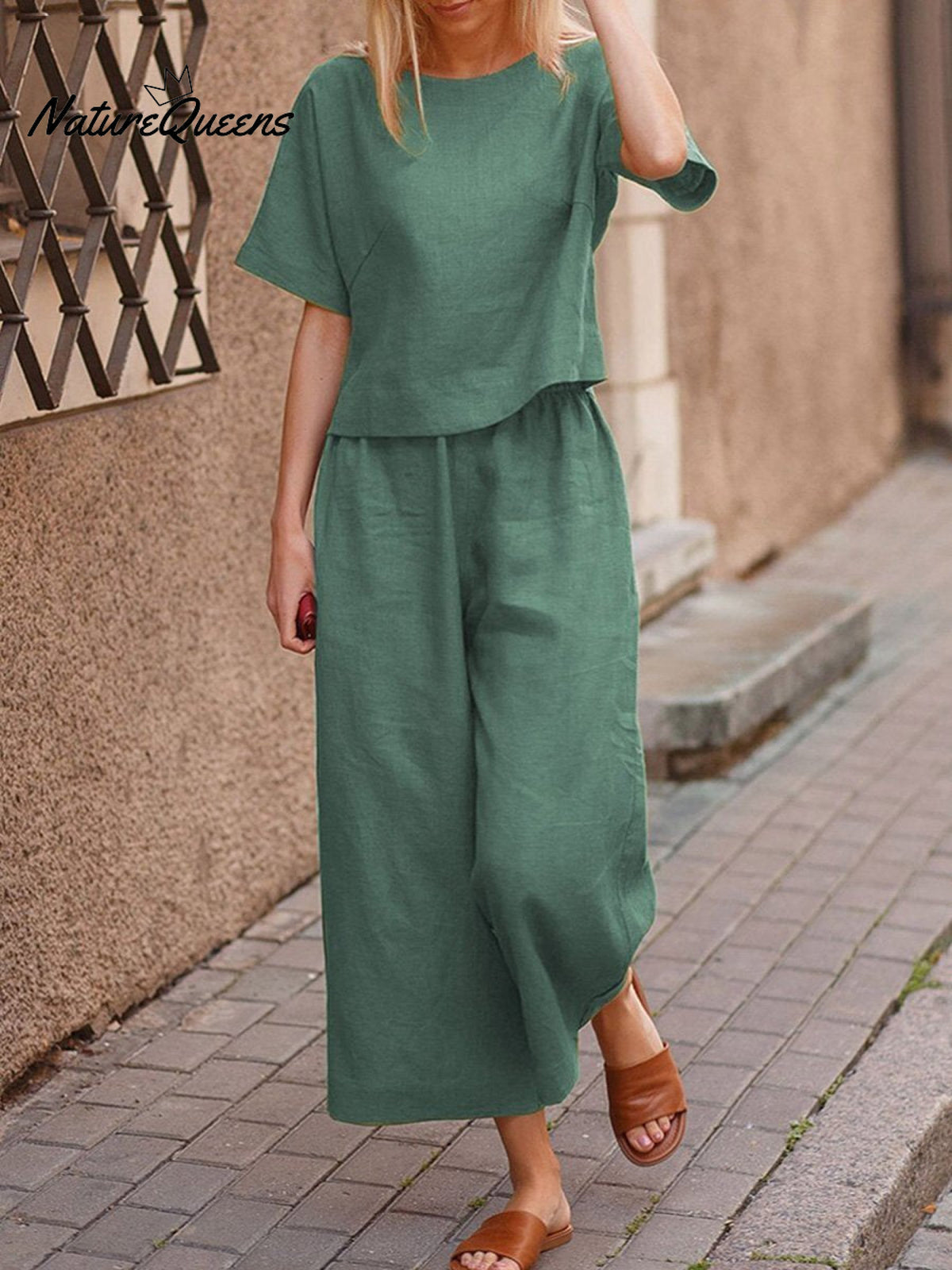 Women’s Solid Color Short Sleeve Suit Darkgreen / S