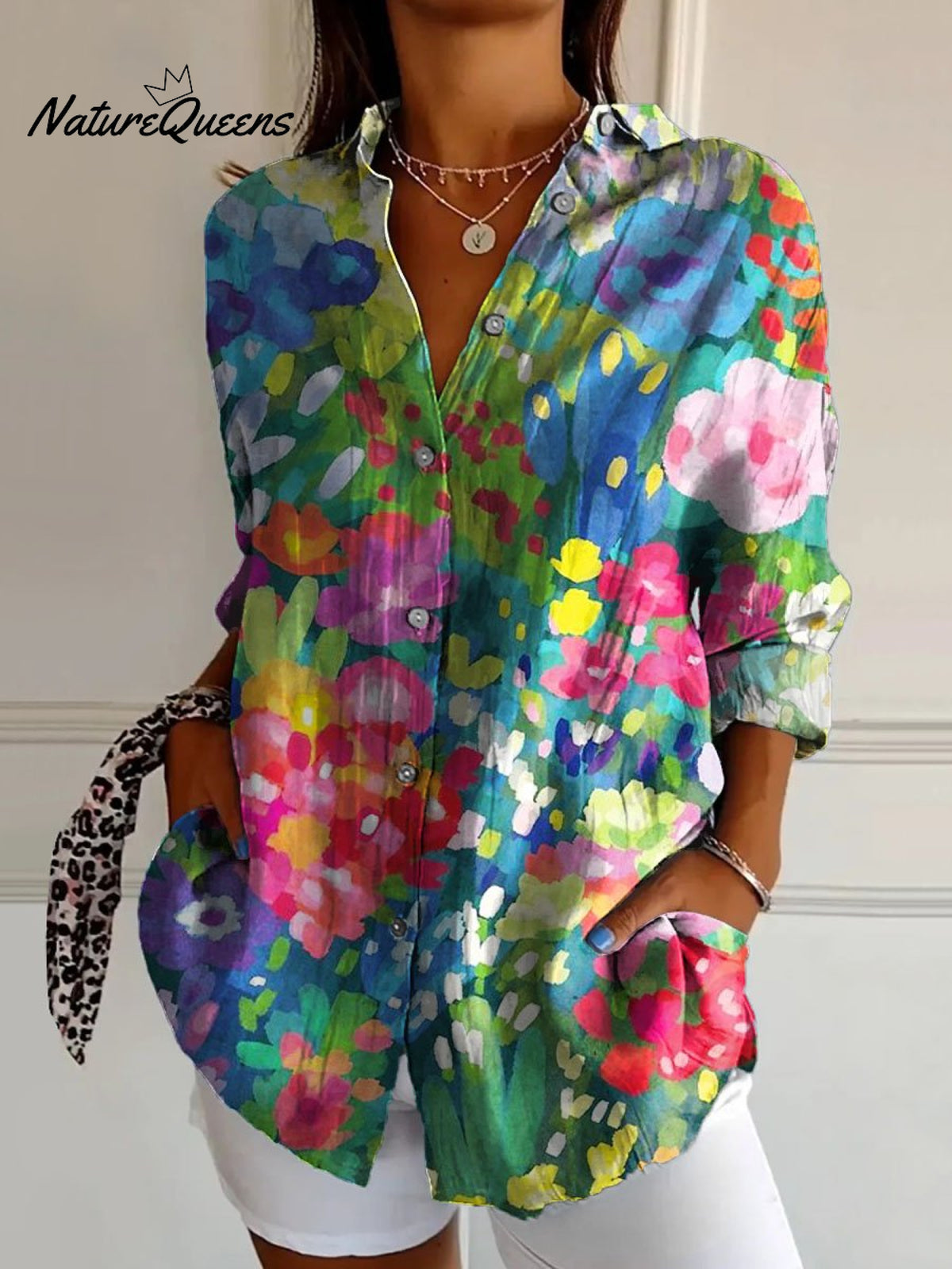 Women's Vintage Lovely Floral Art Print Casual Cotton Shirt