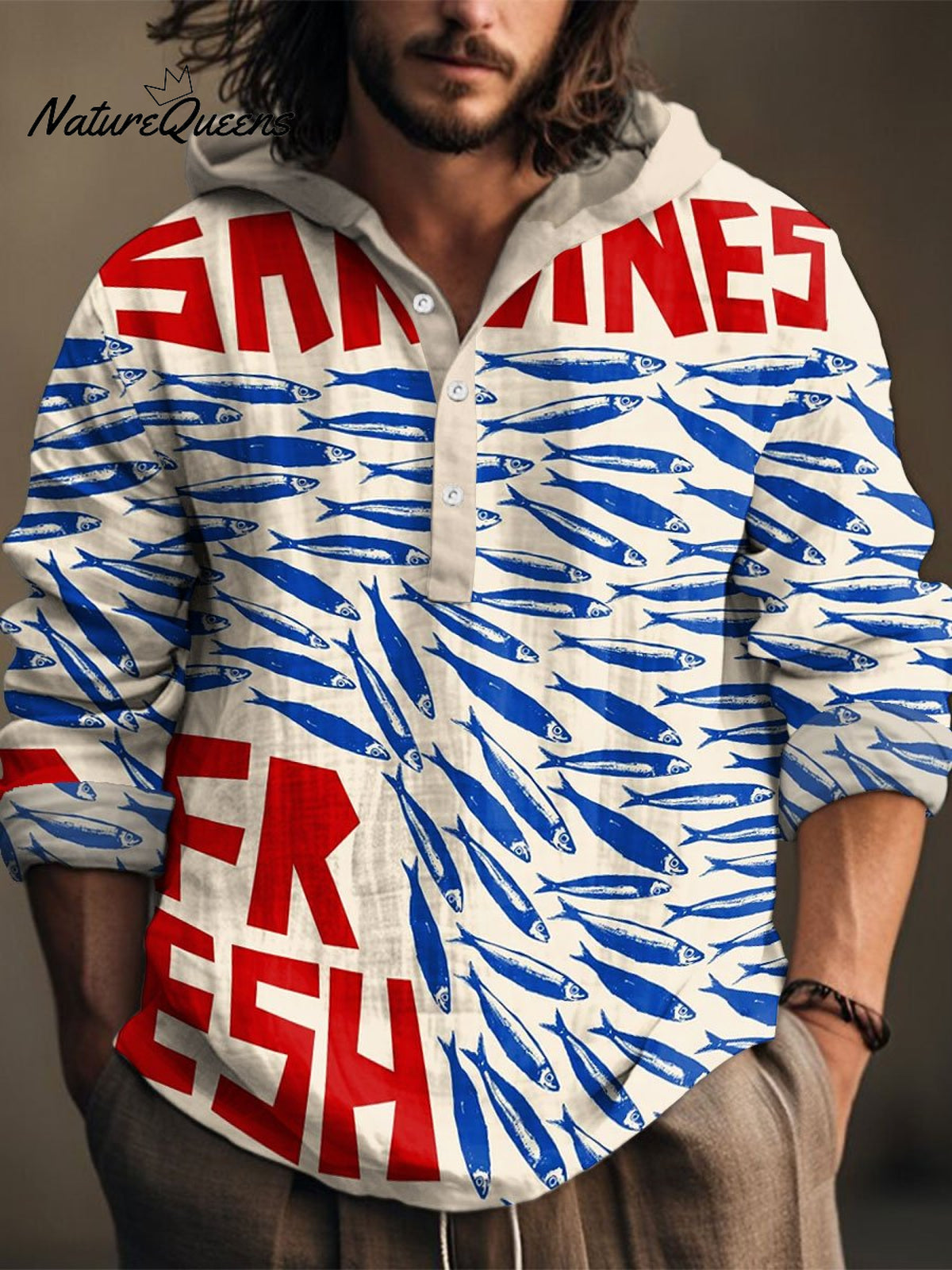 Vintage Fish Sardines Art Print Casual Jacquard Shirt