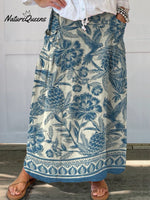 Batik Style Ethnic Floral Pattern Printed Women’s Linen Pocket Skirt Blue & White / S