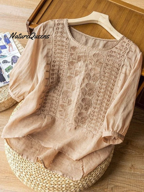 Women's Mid Sleeve Cotton And Linen Embroidery Blouse