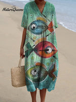 Women's Vintage Lovely Fish Art Print Flowy Dress