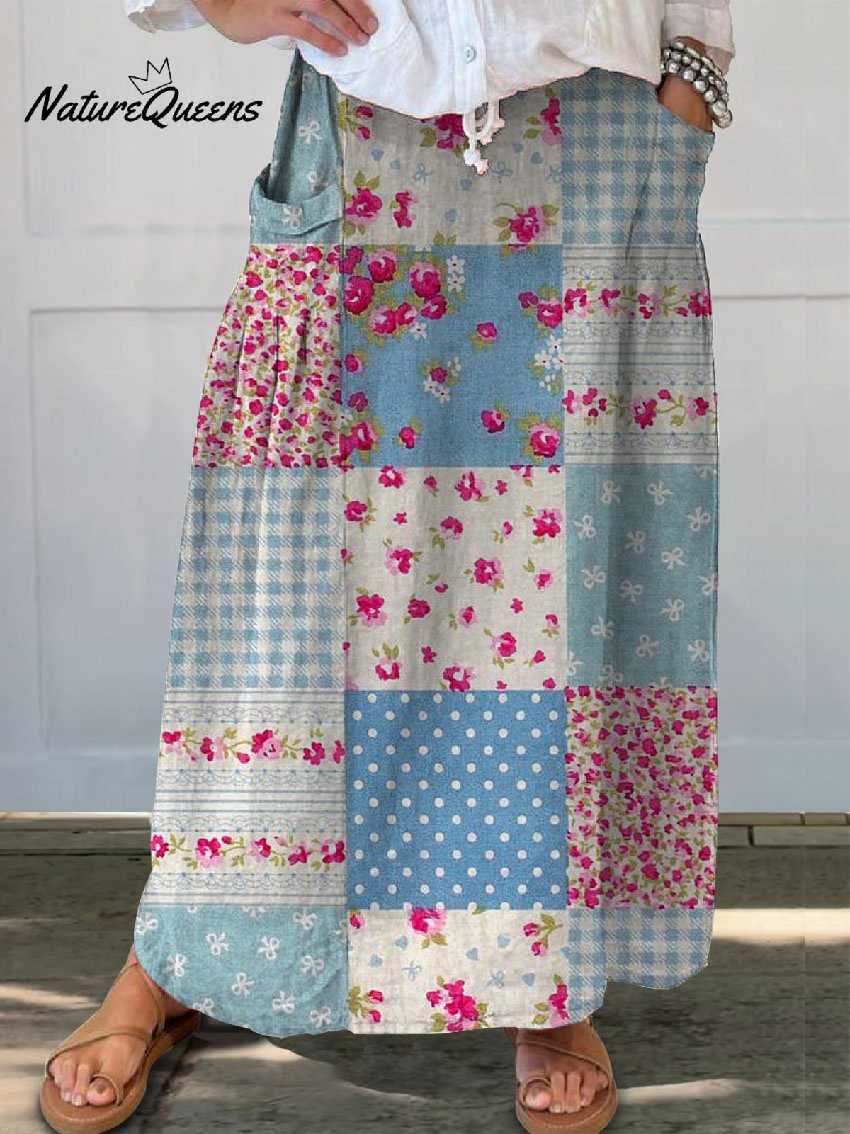 Women’s Retro Floral Patchwork Art Linen Pocket Skirt Multicolor / S