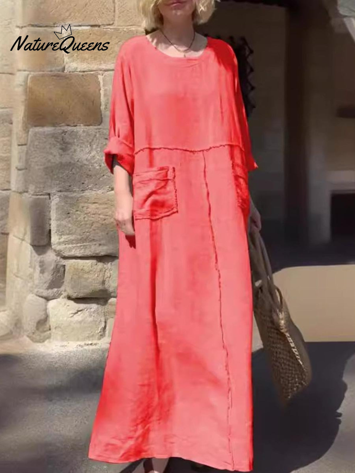 Women's Round Neck Solid Color Cotton And Linen Long Sleeve Pocket Casual Pleated Dress