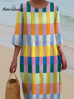 Colorful Rectangle Block Pattern Printed Women's Pocket Cotton Dress