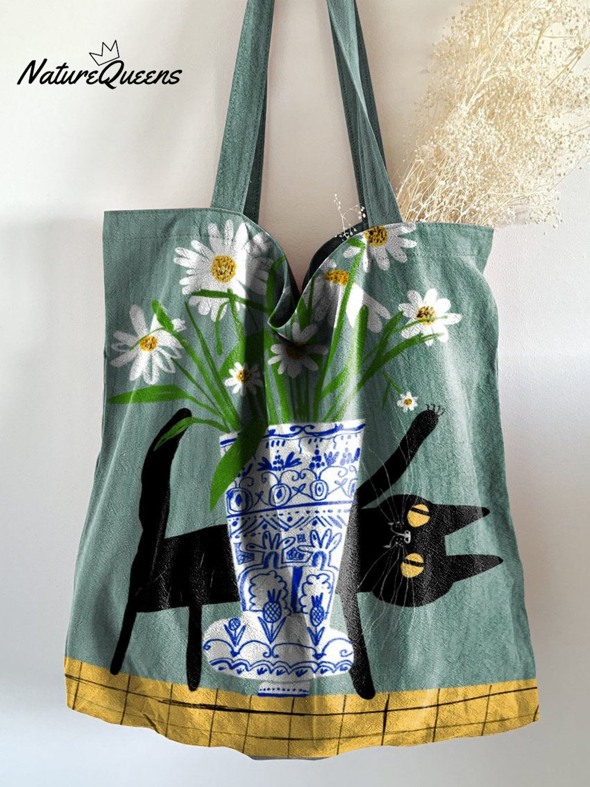 Flower Pot Kitten Print Linen Tote Bag