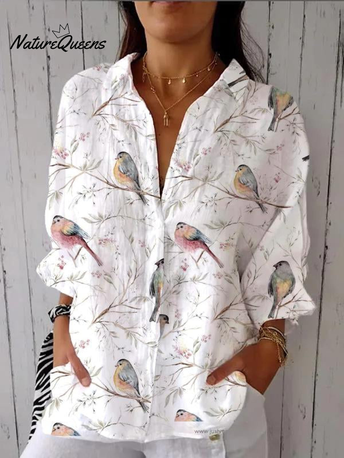 Women's Bird Print Casual Linen V-neck Shirt