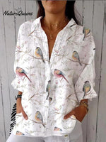 Women's Bird Print Casual Linen V-neck Shirt