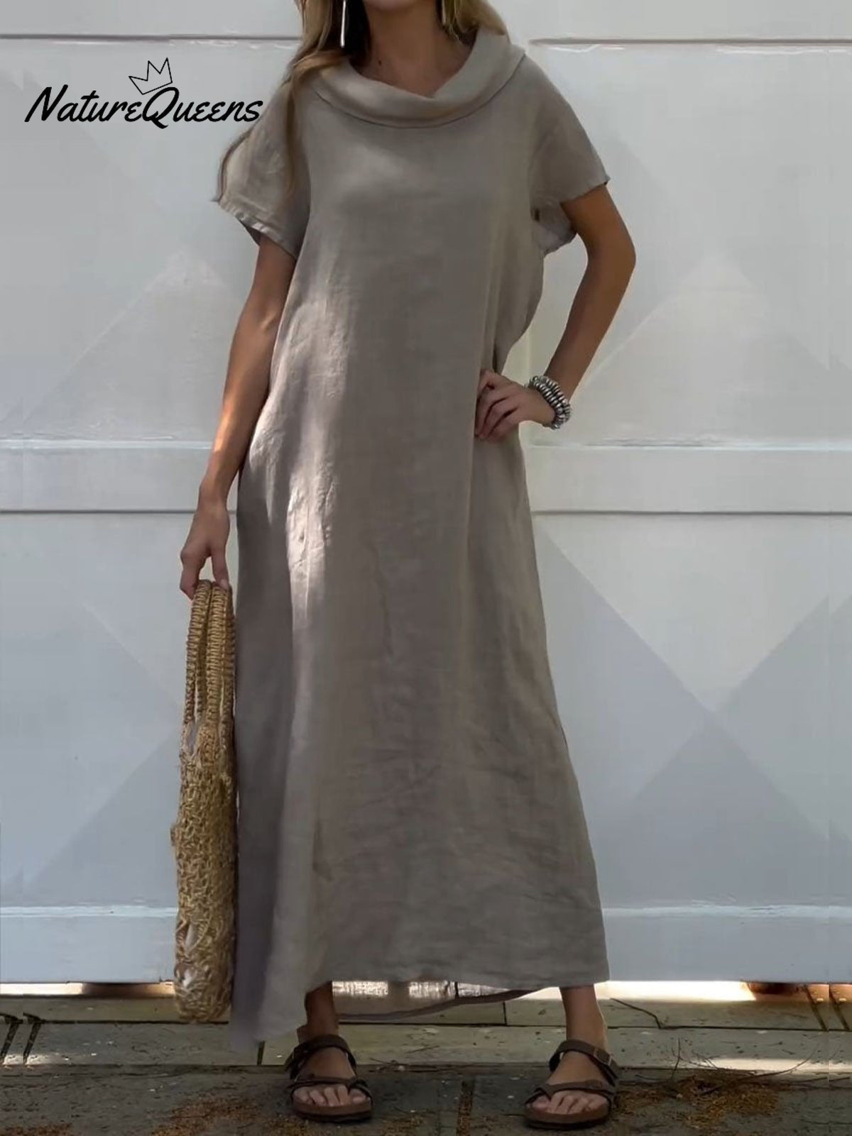 Women’s Turndown Collar Linen Pocket Dress Beige / S