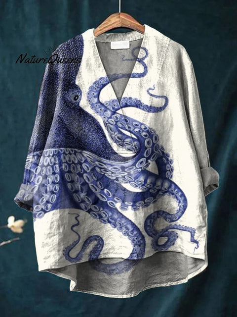 Women's Deep Sea Octopus Tentacles Retro Art Print Casual Cotton And Linen V-neck Shirt