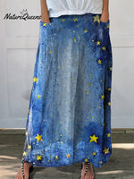 Women's Vintage Lovely Stars Pattern Art Print Linen Pocket Skirt
