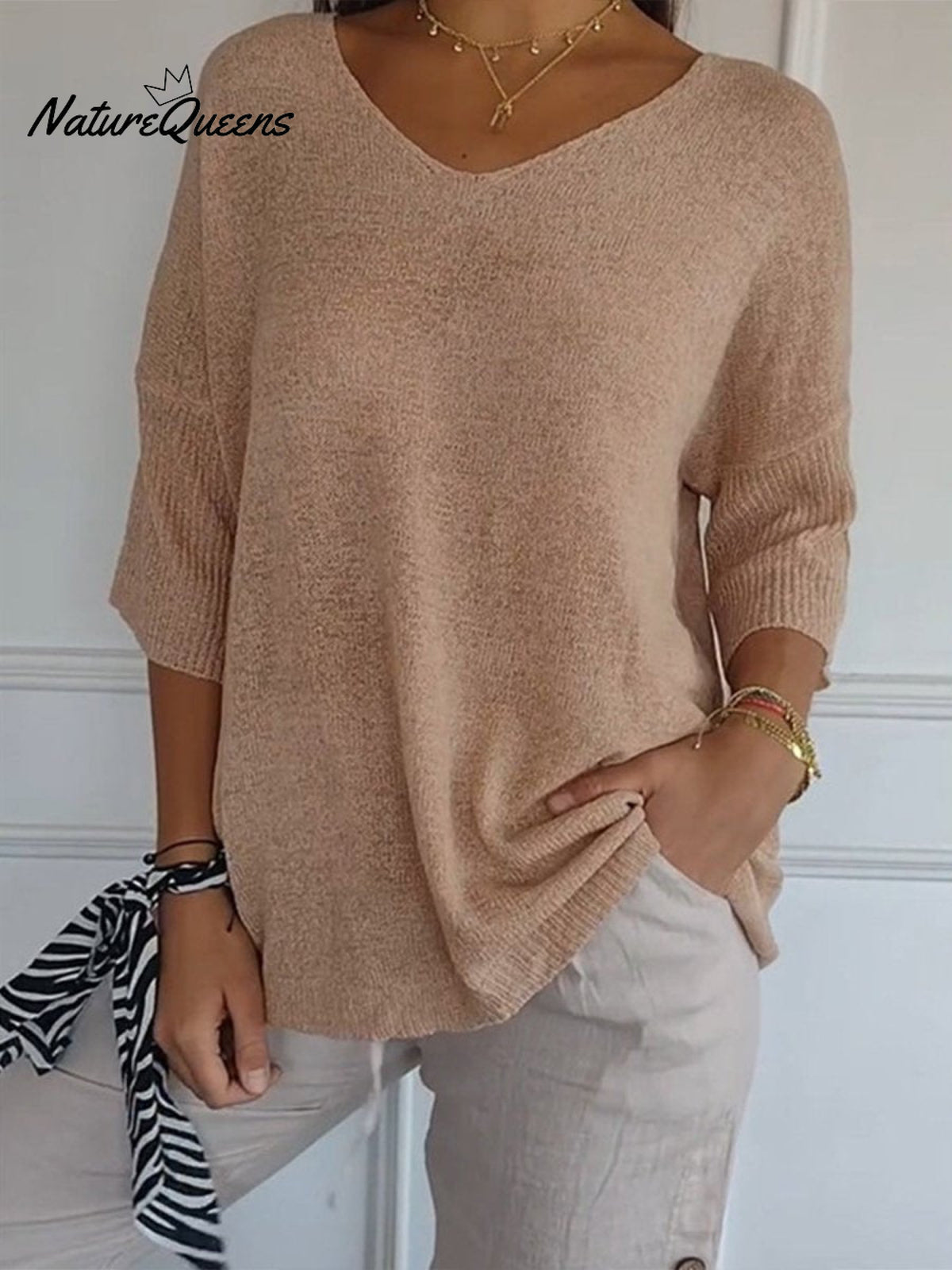 Women’s Solid Color Knitted 3/4 Sleeve V - Neck Top Apricot / S