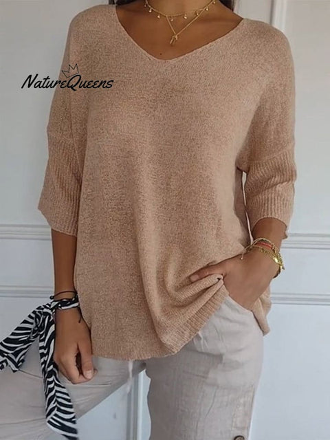 Women’s Solid Color Knitted 3/4 Sleeve V - Neck Top Apricot / S