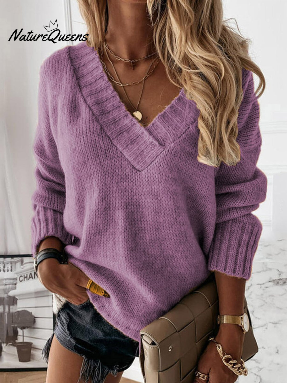 V-neck Long-sleeved Pullover Sweater Top