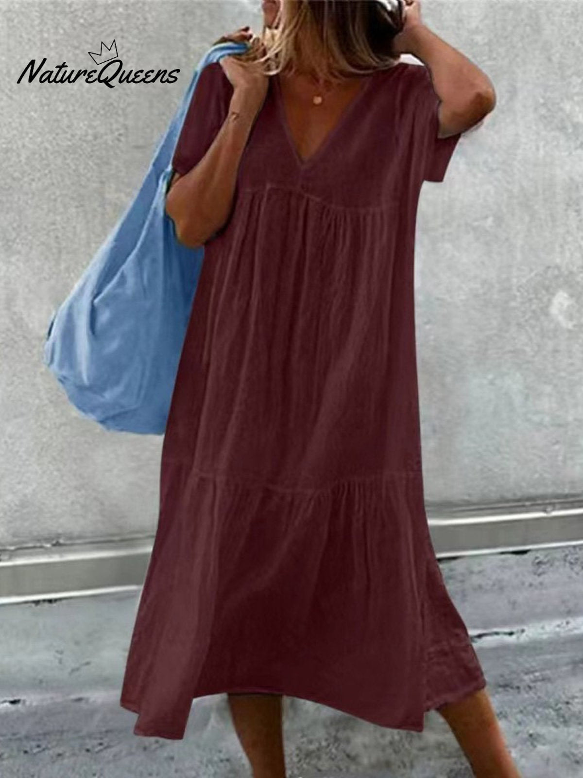 Women's V-Neck Short Sleeve Cotton And Linen Midi Dress
