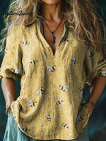 Women's Lovely Bee Art Print Casual Linen V-neck Shirt