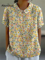 Women’s Lovely Floral Art Print Casual Cotton And Linen Shirt Multicolor / S