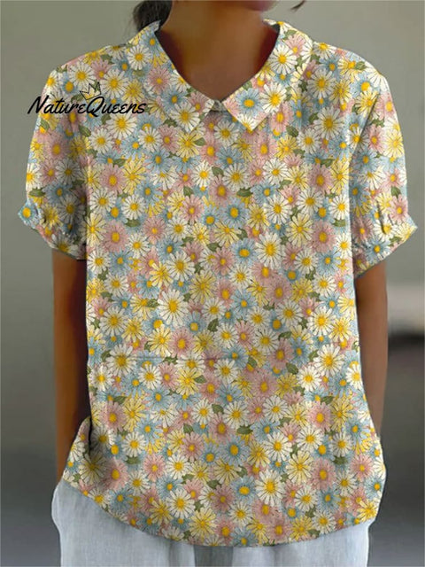 Women’s Lovely Floral Art Print Casual Cotton And Linen Shirt Multicolor / S