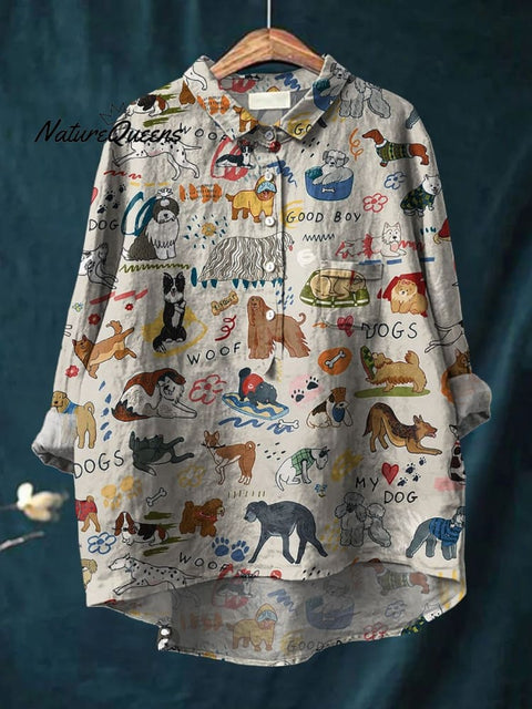 Women's Cute Dog Art Print Casual Cotton And Linen Shirt