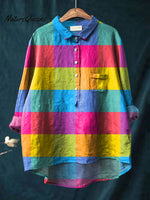Women's Colorful Plaid Art Print Casual Cotton And Linen Shirt