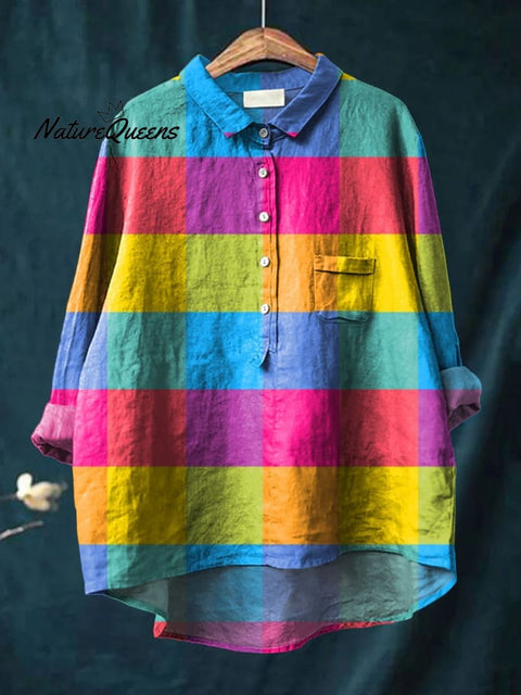 Women's Colorful Plaid Art Print Casual Cotton And Linen Shirt