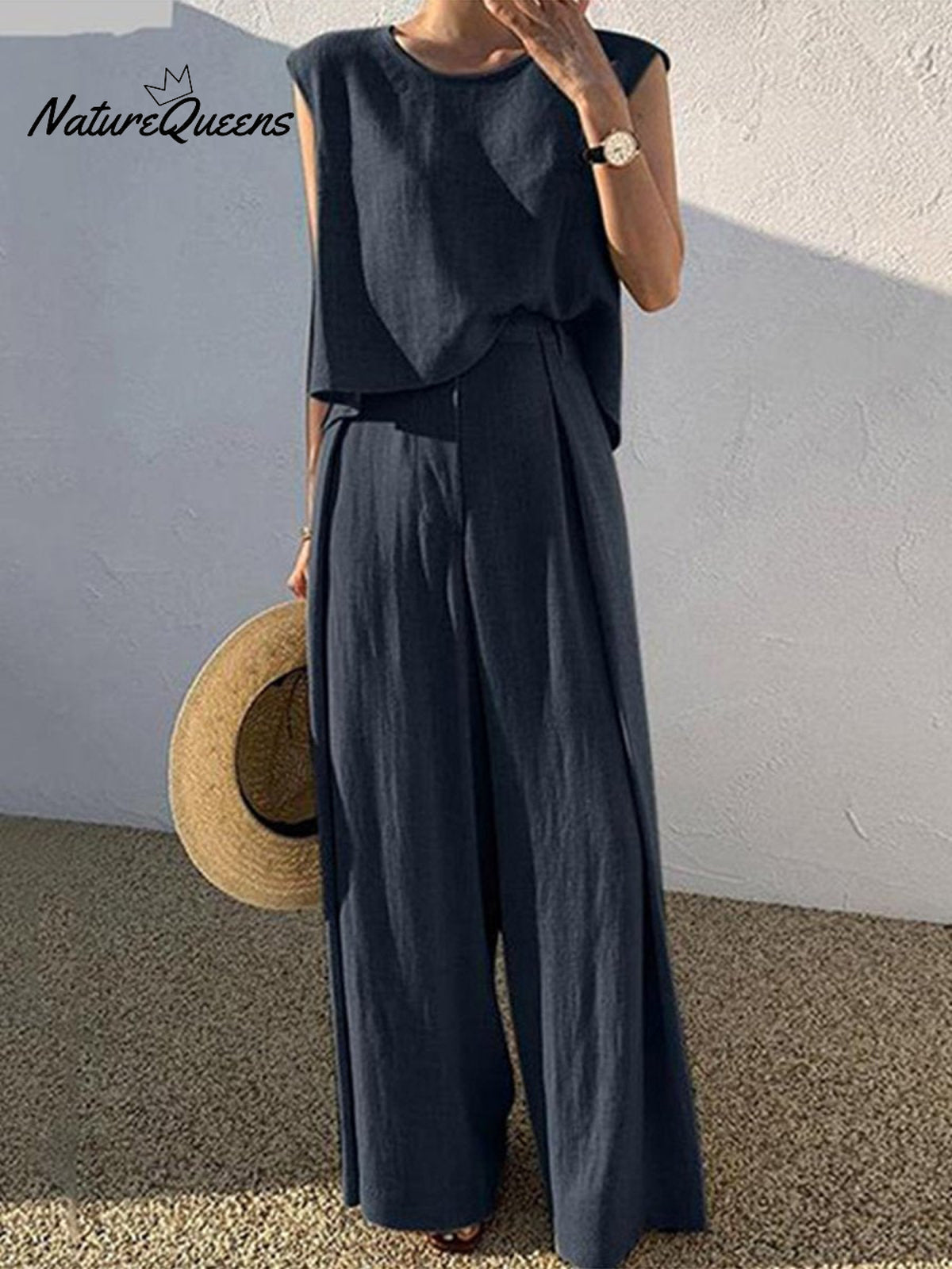 Women’s Tank Vest Outfits Wide Leg Trousers Set Navyblue / S