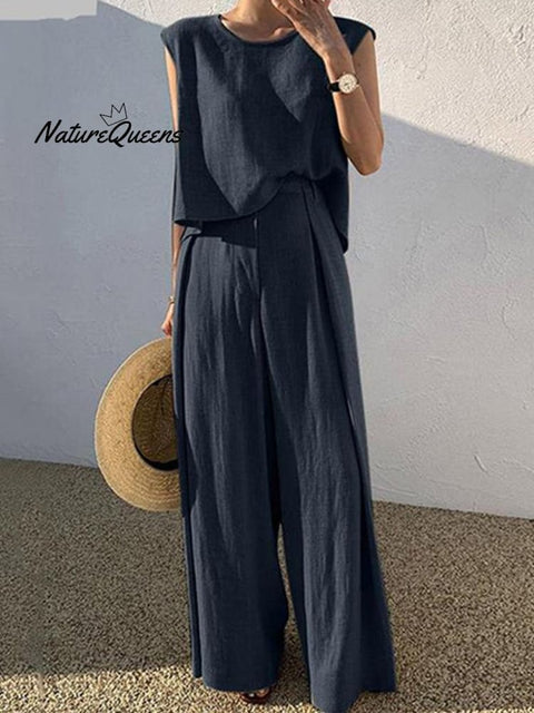 Women’s Tank Vest Outfits Wide Leg Trousers Set Navyblue / S