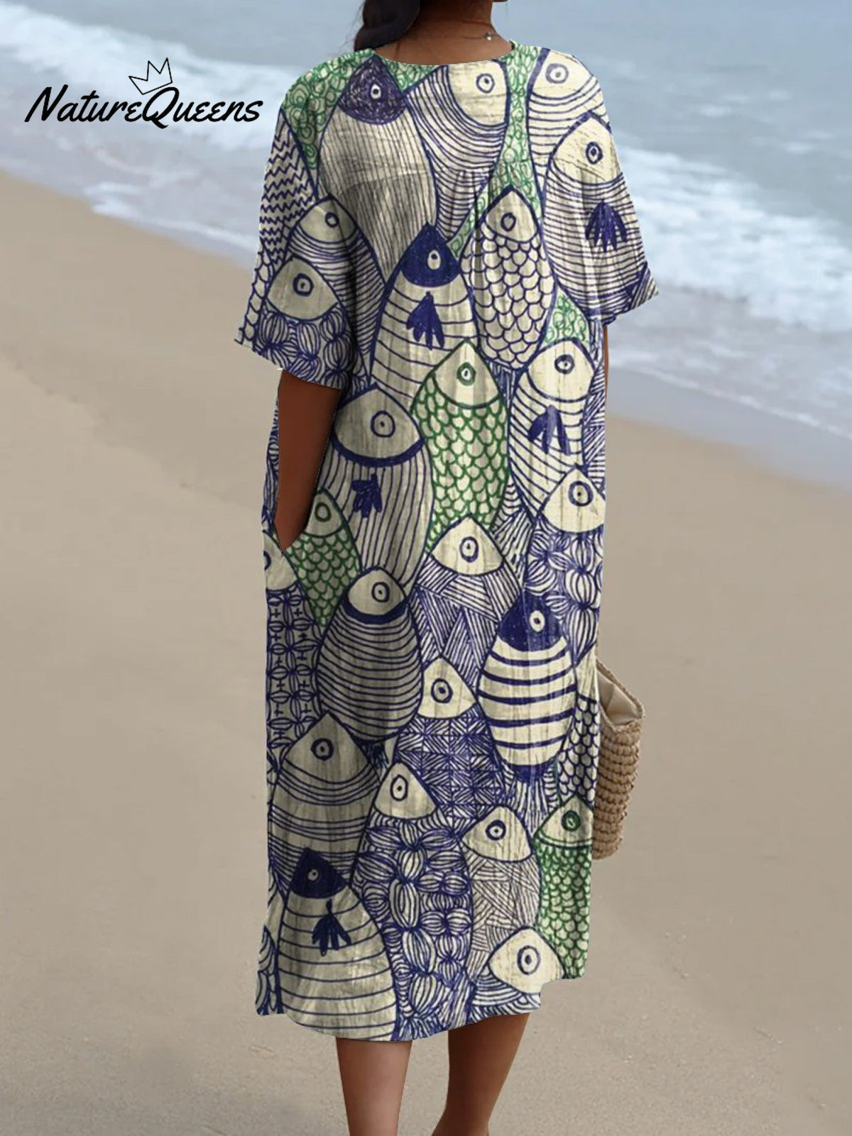 Women's Simple Japanese Fish Watercolor Splash Fluid Art Print Flowy Dress