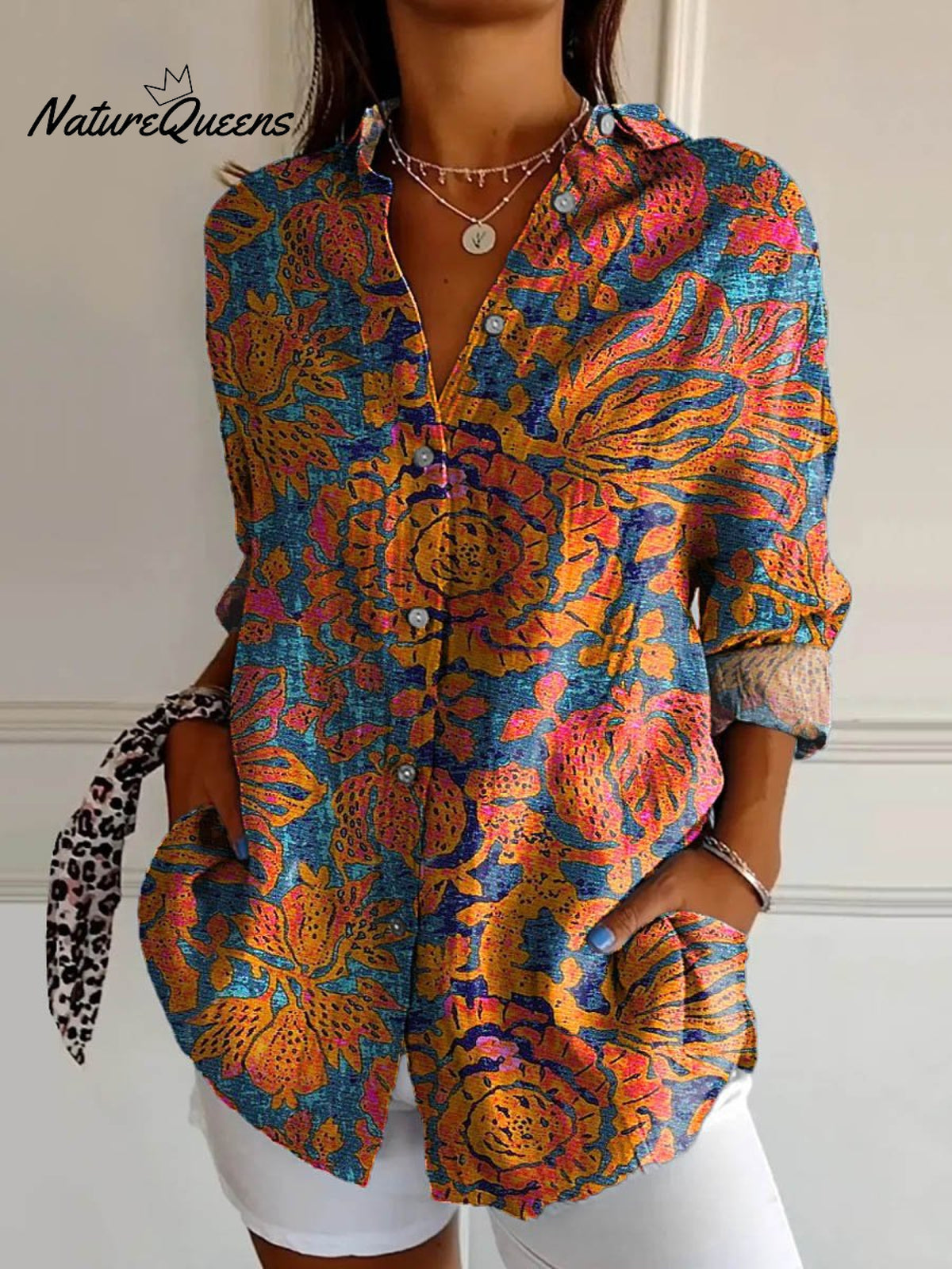 Women's Vintage Lovely Floral Art Print Casual Cotton Shirt