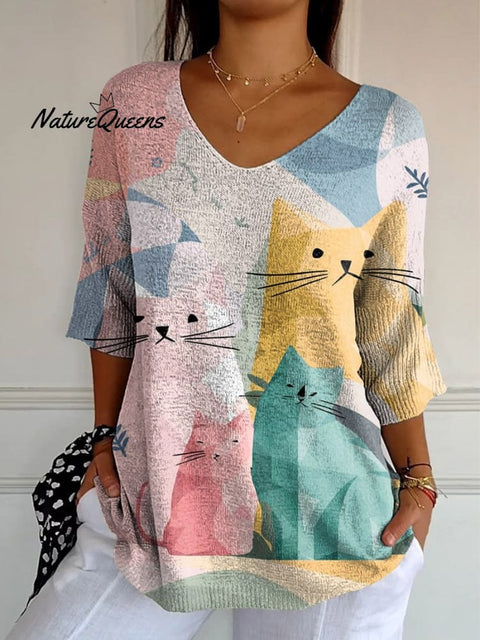 Women's Lovely Cats Art Print Casual Pullover Knit