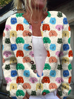 Multicolor Funny Dog Repeat Pattern Printed Buttoned Cardigan Sweater