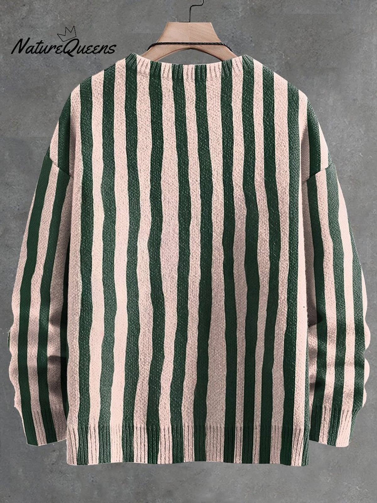 Men's V-neck Women's Green Striped Sardines Vintage Print Long Sleeve Sweater