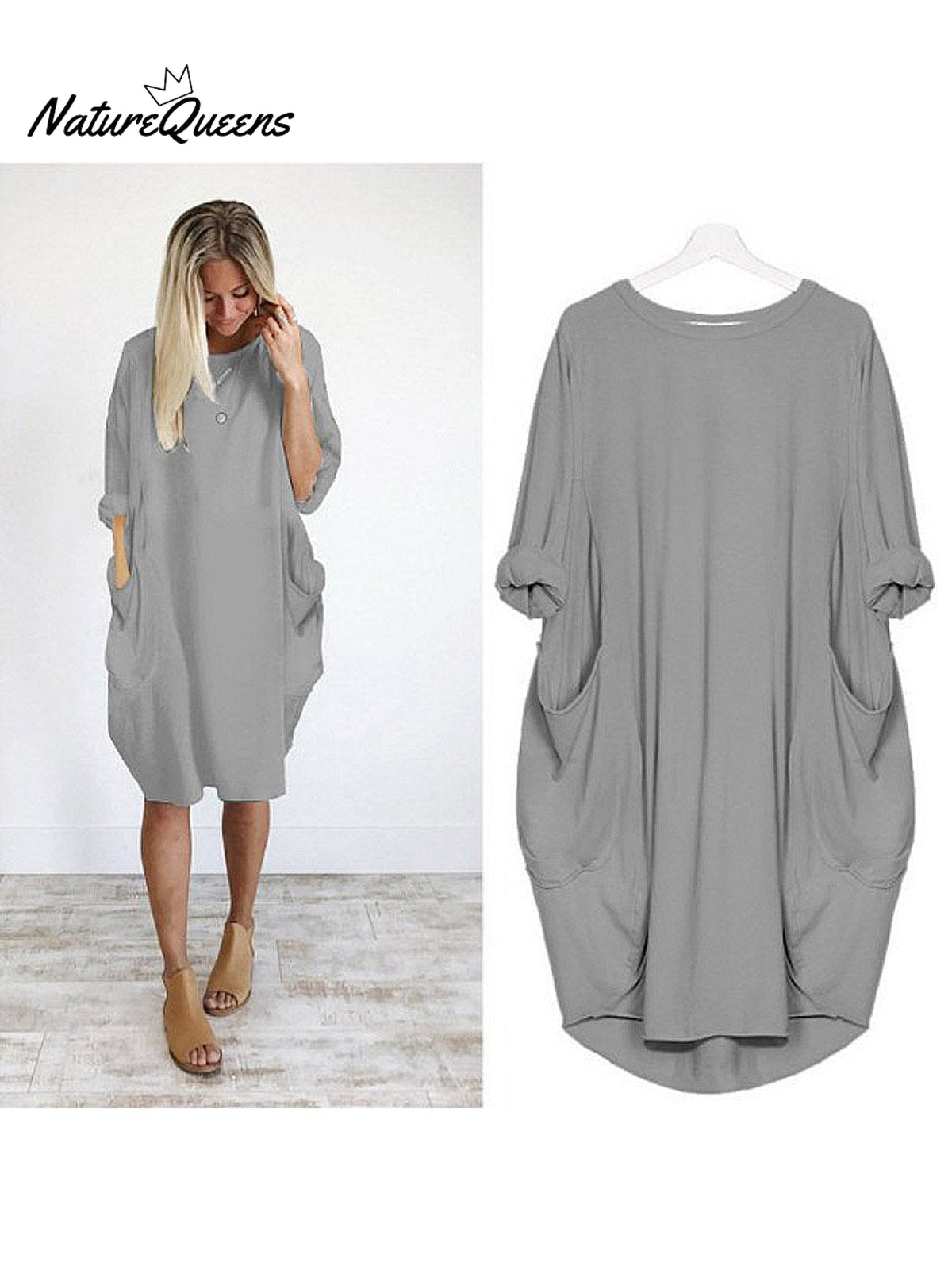 Women’s Solid Color Loose Elegant Casual Long - Sleeved Pocket Dress Grey / S