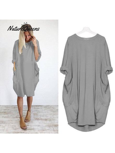 Women’s Solid Color Loose Elegant Casual Long - Sleeved Pocket Dress Grey / S