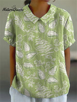 Green Spring Meadows Pattern Printed Women's Casual Cotton And Linen Shirt