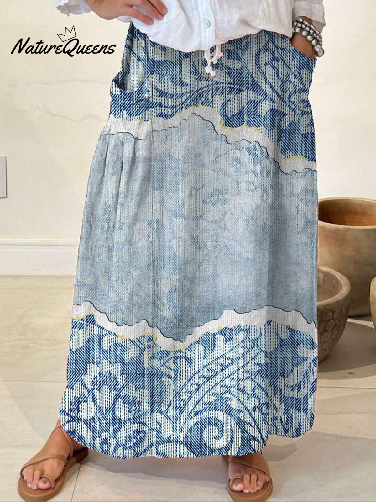 Women’s Denim Texture Casual Print Linen Elastic Waistband Pocket Skirt