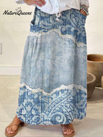 Women’s Denim Texture Casual Print Linen Elastic Waistband Pocket Skirt