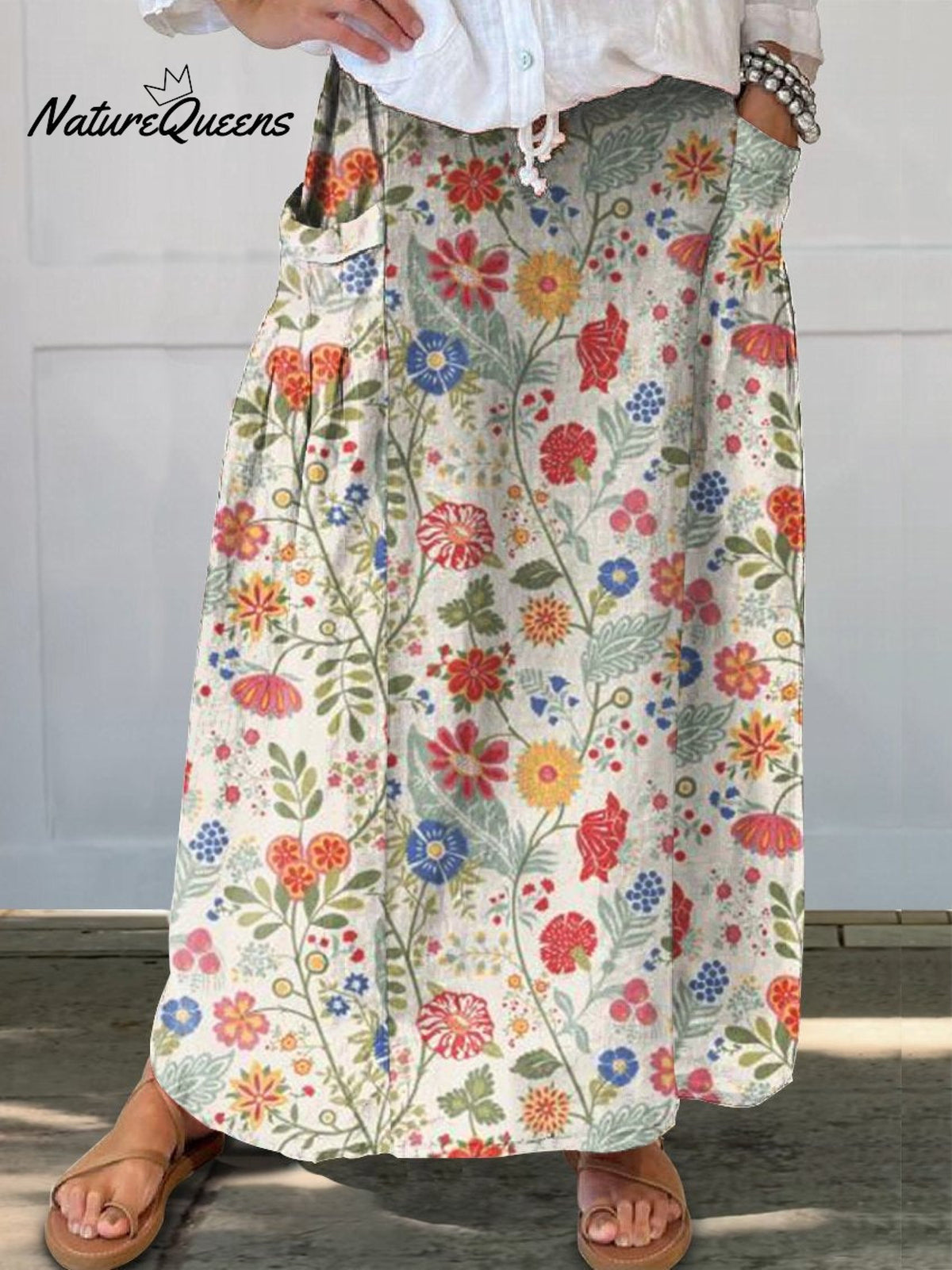 Women’s Pastoral Floral Art Print Casual Cotton And Linen Shirt Skirt / S